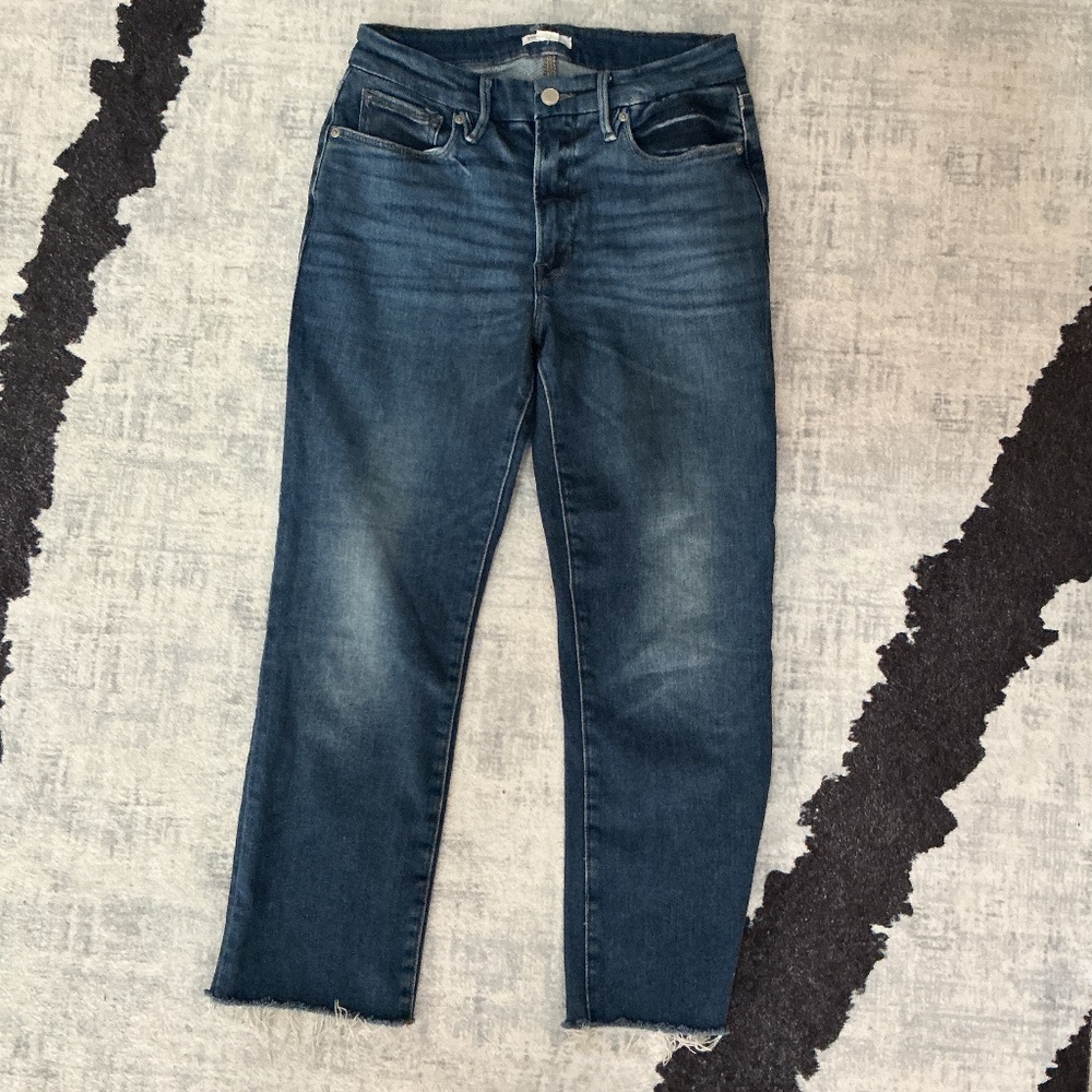 Good American High-Waisted Straight Jeans Size 30 | Dark Wash | Raw Hem Denim